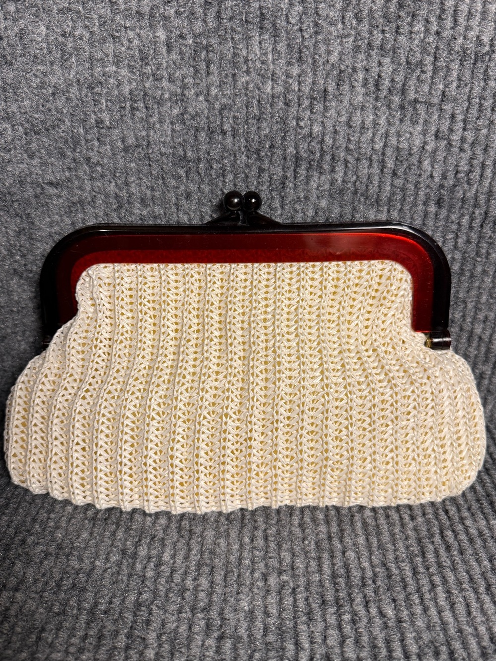 Vintage MCI Cream Knit Frame Clutch with Tortoise-Style Accent
